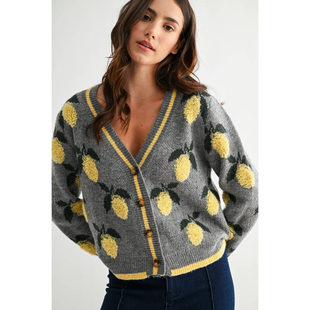 LEMON PETTERN BUTTON-UP CARDIGAN: HEATHER GREY/YELLOW MULTI / S-M-L(3-2-1)