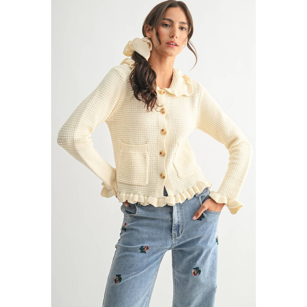 RUFFLED KNIT CARDIGAN: IVORY / S-M-L(3-2-1)