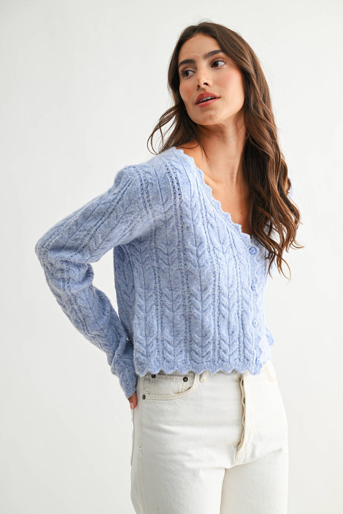 Blue Scallop Cable Knit Cardigan