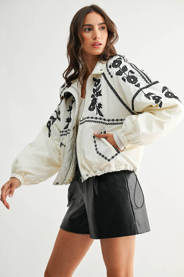 EMBROIDERED BOHO BOMBER JACKET - CJ25590: CREAM/BLACK / S-M-L (3-2-1)