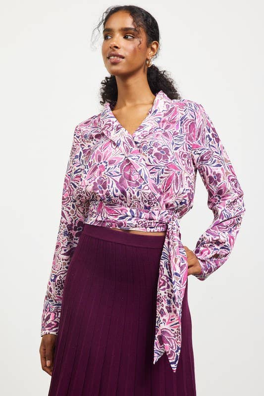 Long Sleeve Wrap Style Waist Tie Top: Plum-Multi / L