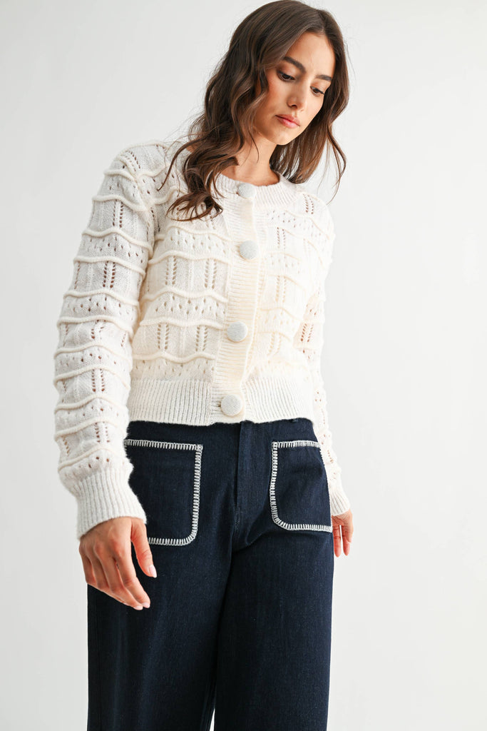 TEXTURED KNIT BUTTON FRONT CARDIGAN - CWT26598: CREAM / S-M-L (3-2-1)