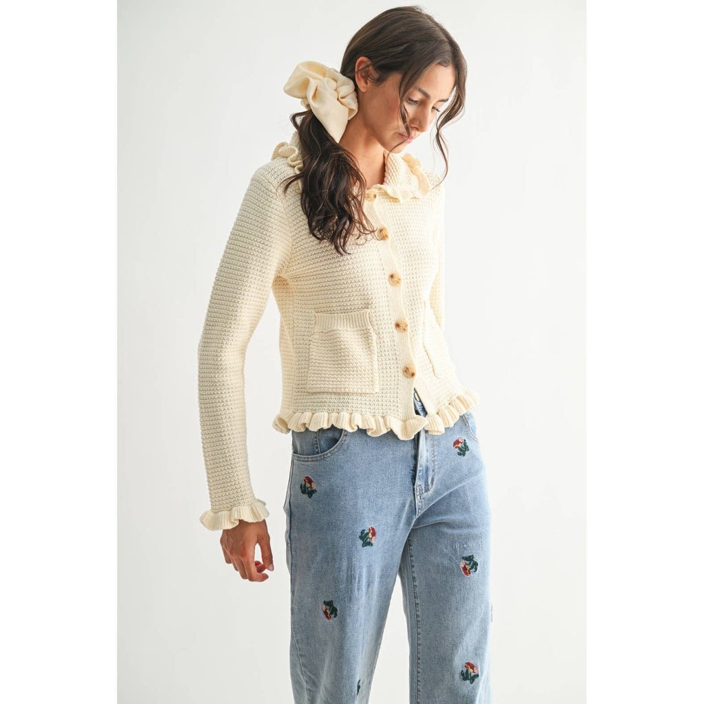 RUFFLED KNIT CARDIGAN: IVORY / S-M-L(3-2-1)