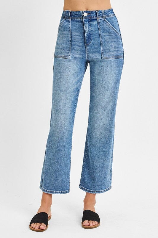 RISEN High Rise Ankle Flare Patch Pocket Jeans