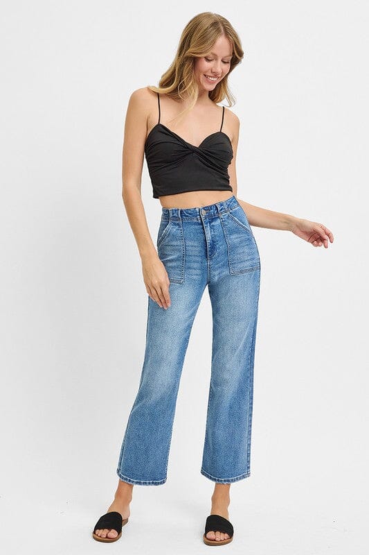 RISEN High Rise Ankle Flare Patch Pocket Jeans