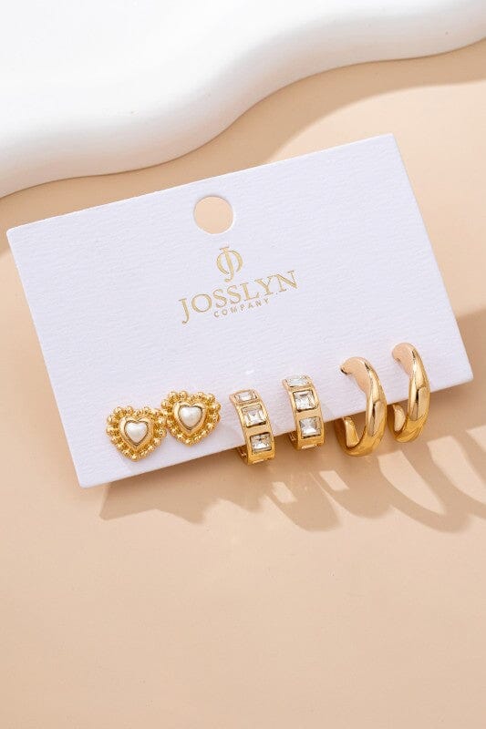 Pearl Heart & Rhinestone Huggie Hoop Trio Earring