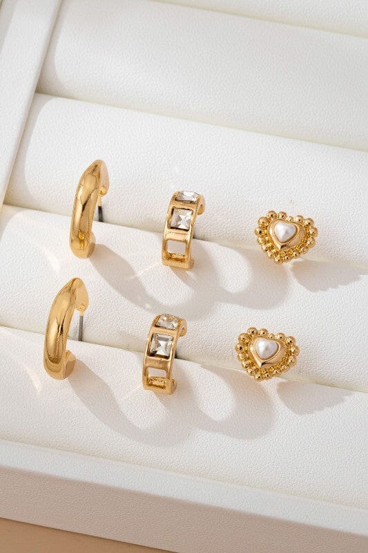 Pearl Heart & Rhinestone Huggie Hoop Trio Earring