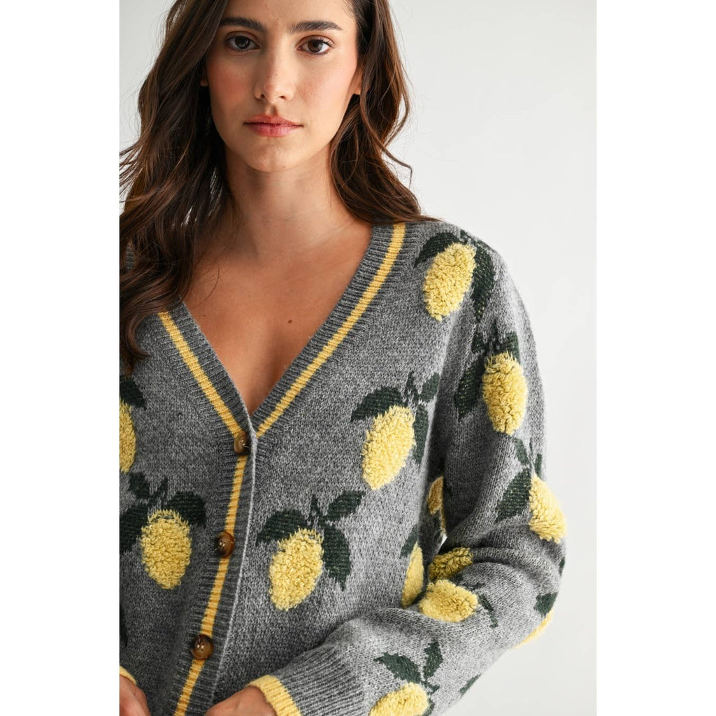 LEMON PETTERN BUTTON-UP CARDIGAN: HEATHER GREY/YELLOW MULTI / S-M-L(3-2-1)