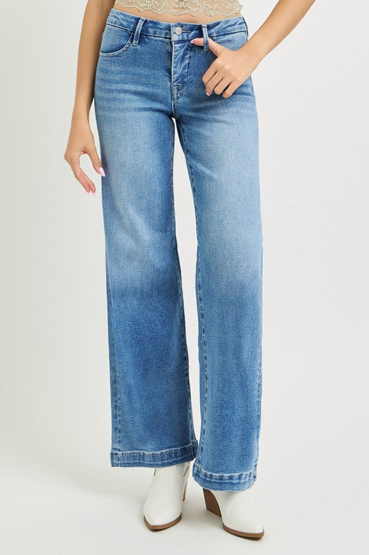 RISEN Tummy Control Mid-Rise Wide-Leg Jeans - Medium Wash