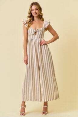 Beige Stripe Gauze Wide Leg Culotte Jumpsuit
