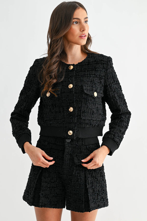 ELEGANT TEXTURED KNIT WOOL JACKET: Black / S-M-L(3-2-1)