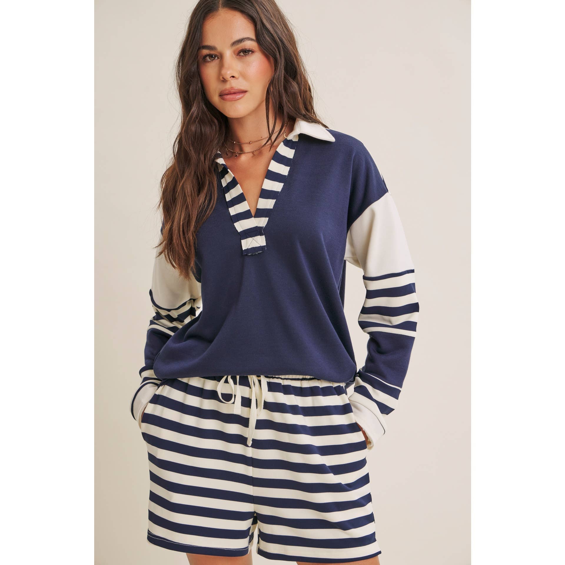 Coastal Stripe Relaxed French Terry Collared Top