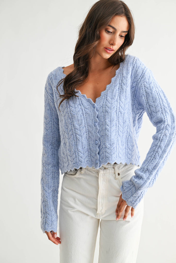 Blue Scallop Cable Knit Cardigan