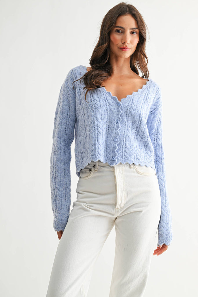 Blue Scallop Cable Knit Cardigan