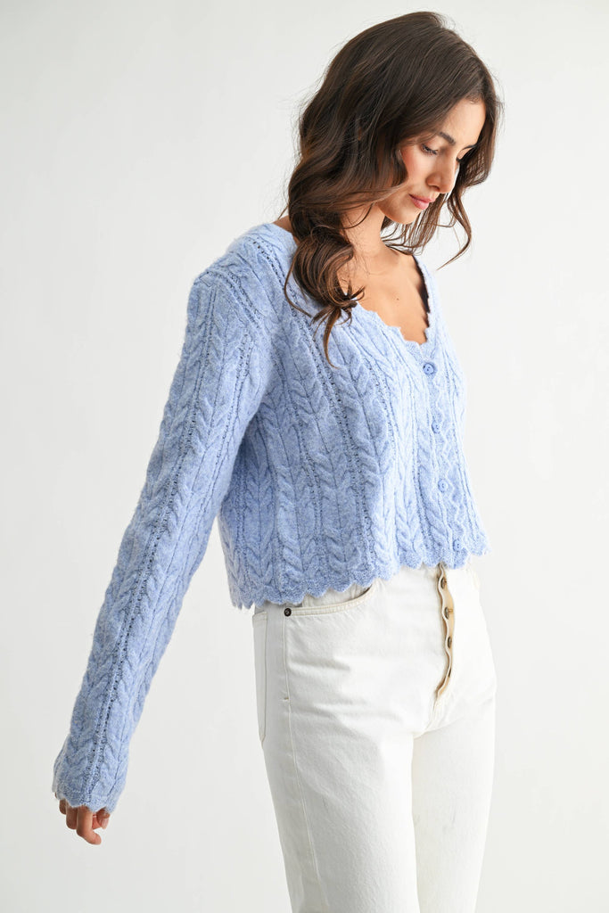 Blue Scallop Cable Knit Cardigan