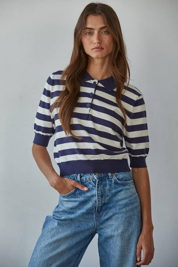 W2262 | Knit Sweater Striped Half Button Up Collar Neck Top: Navy White / S