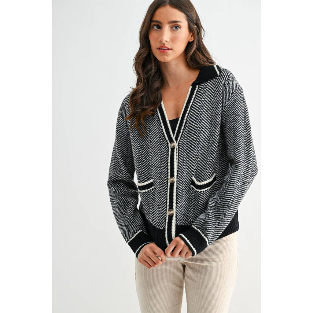 HERRINGBONE KNIT CARDIGAN IN BLACK: BLACK / S-M-L(3-2-1)