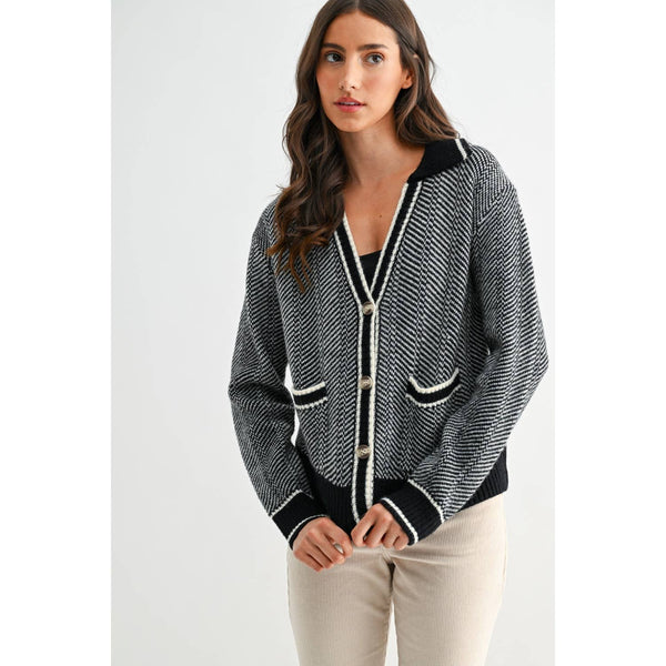 HERRINGBONE KNIT CARDIGAN IN BLACK: BLACK / S-M-L(3-2-1)