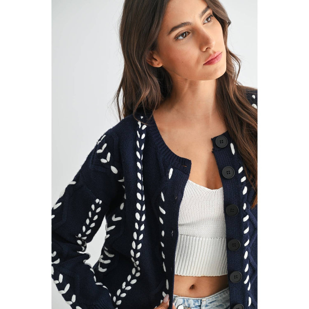 TORI RIBBON STITCH CABLE KNIT CARDIGAN : INDIGO/WHITE / S-M-L(3-2-1)