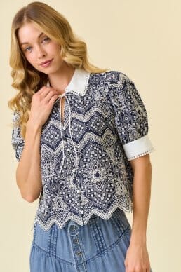 Embroidered Scallop Hem Collared Blouse