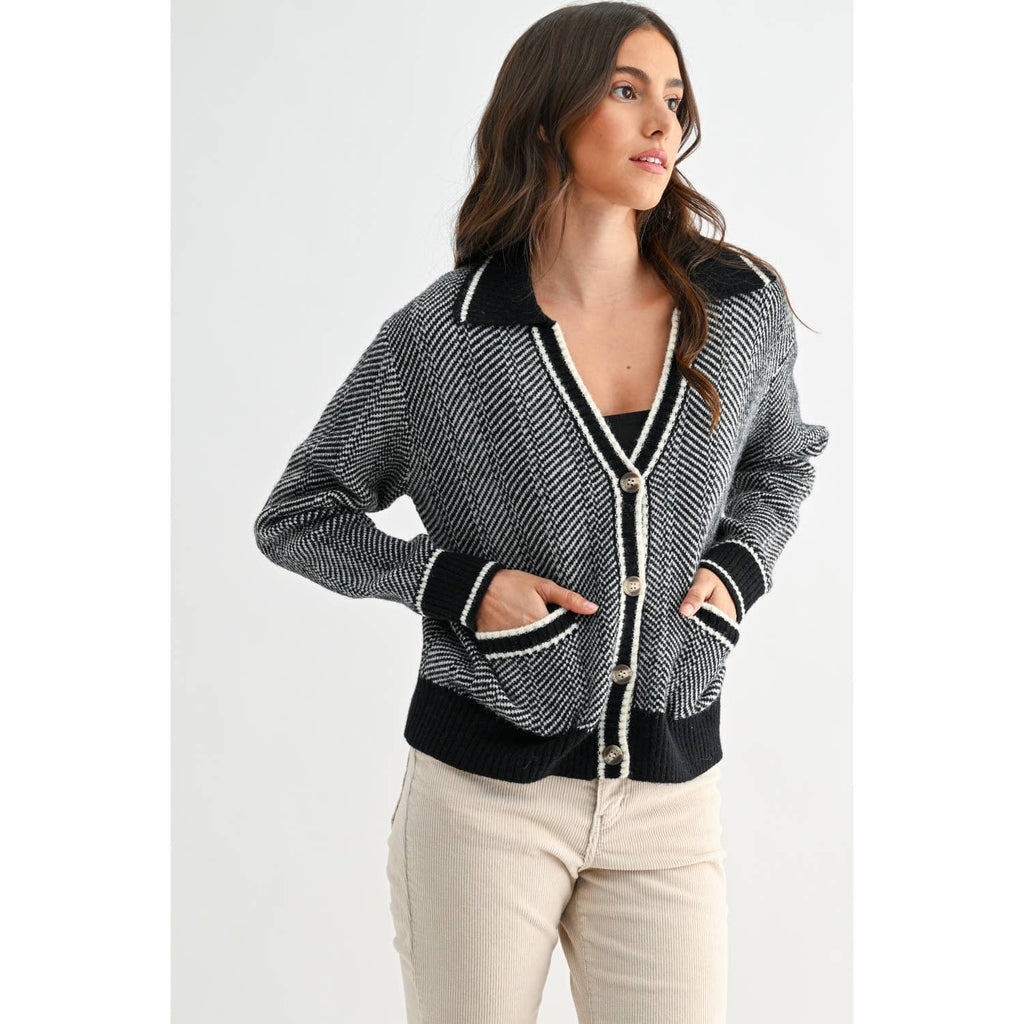 HERRINGBONE KNIT CARDIGAN IN BLACK: BLACK / S-M-L(3-2-1)
