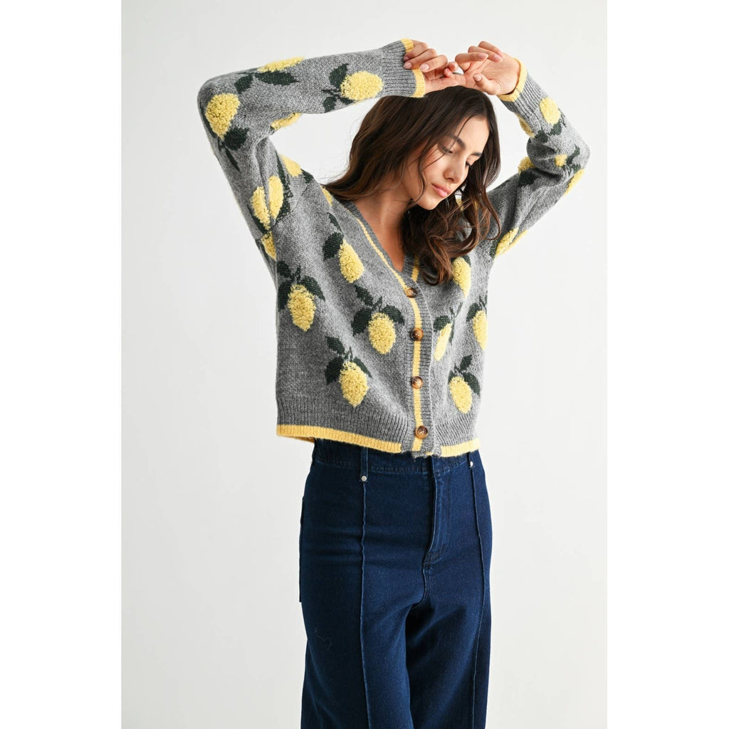 LEMON PETTERN BUTTON-UP CARDIGAN: HEATHER GREY/YELLOW MULTI / S-M-L(3-2-1)