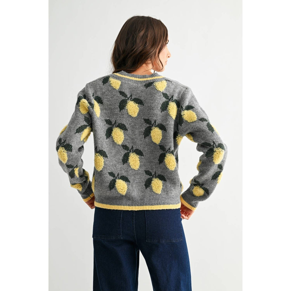 LEMON PETTERN BUTTON-UP CARDIGAN: HEATHER GREY/YELLOW MULTI / S-M-L(3-2-1)