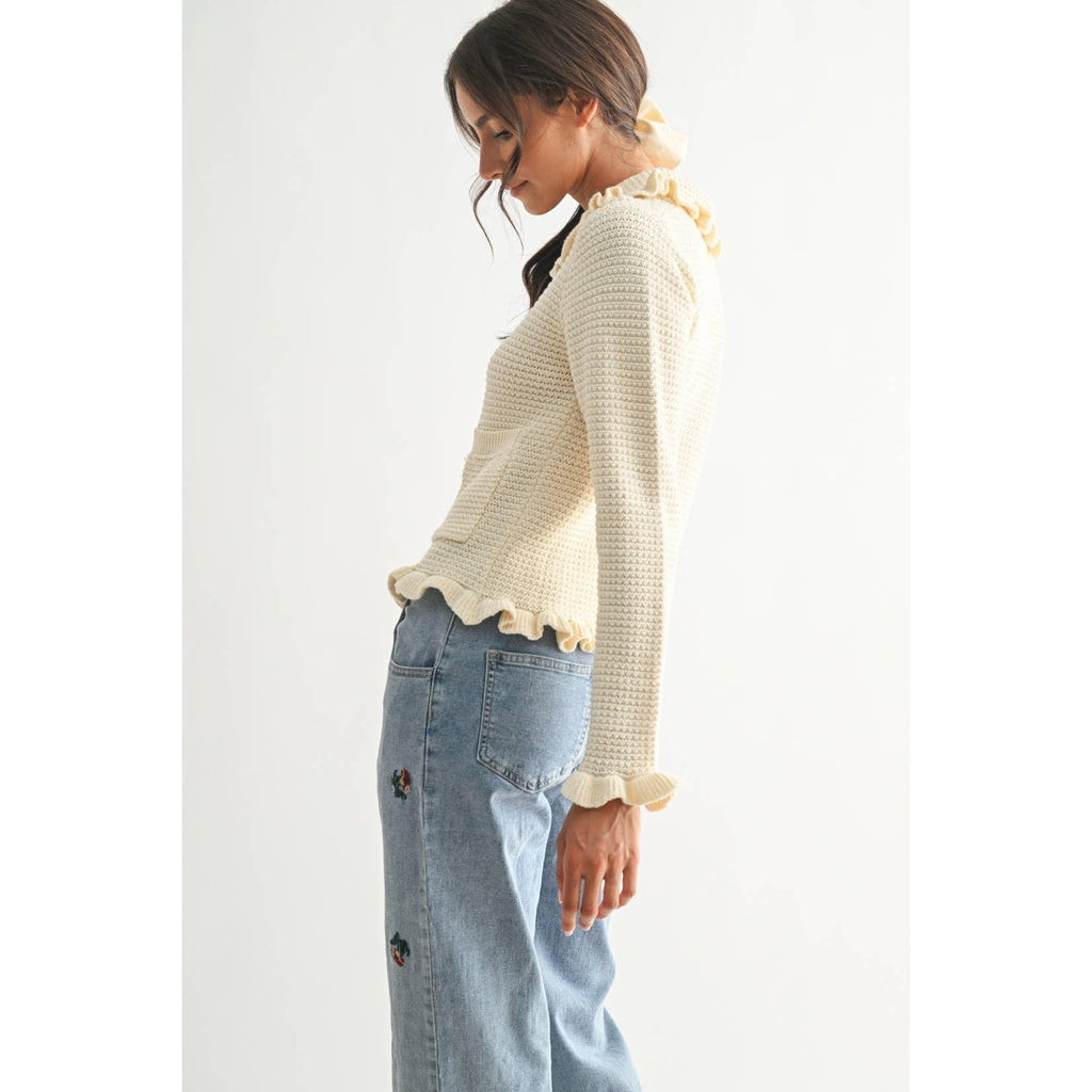 RUFFLED KNIT CARDIGAN: IVORY / S-M-L(3-2-1)