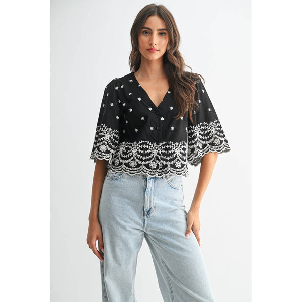 BLACK EMBROIDERED BLOUSE TOP: BLACK / S-M-L(3-2-1)