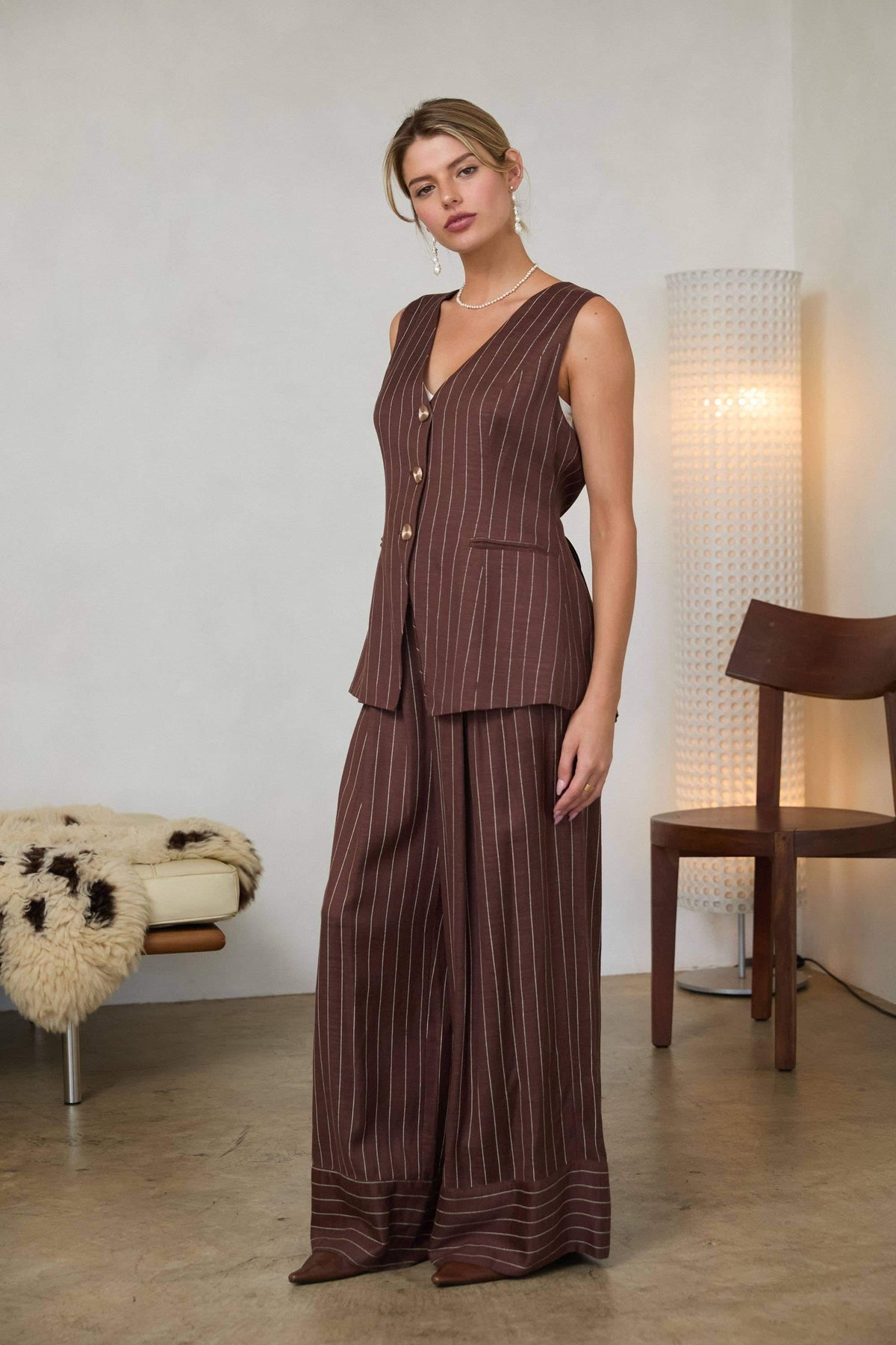 Pinstripe Vest: Brown-Ivory / XS