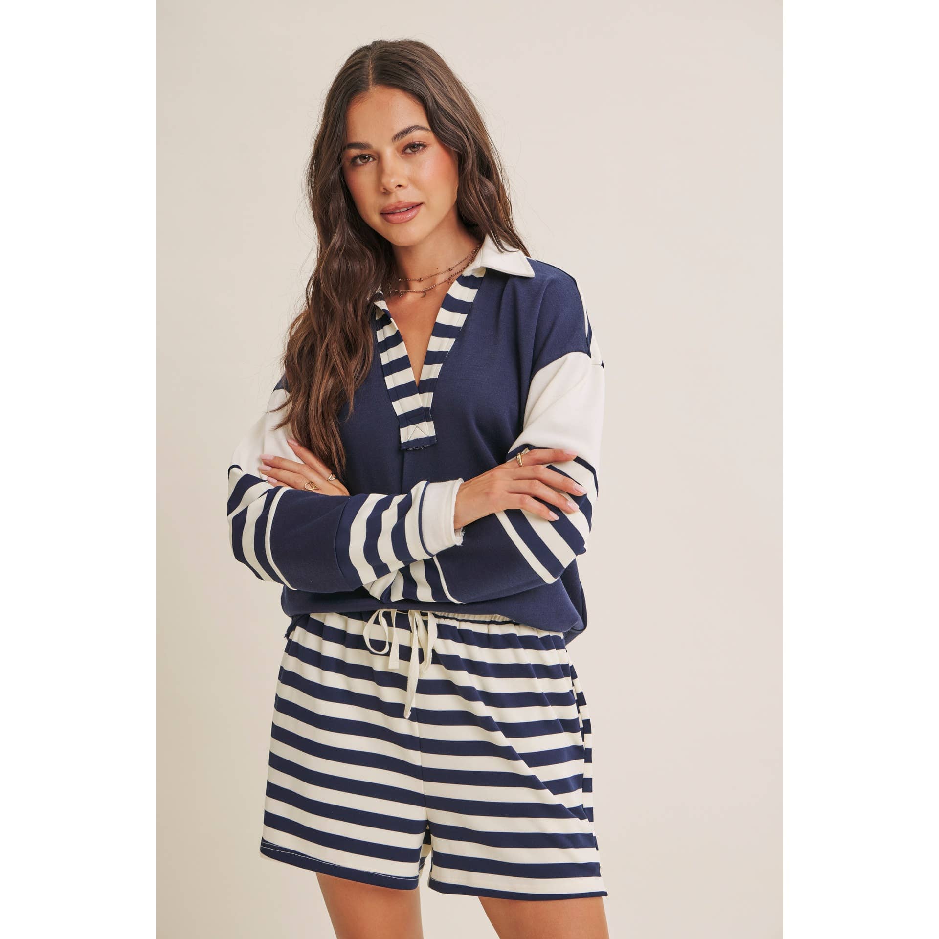 Coastal Stripe Relaxed French Terry Collared Top
