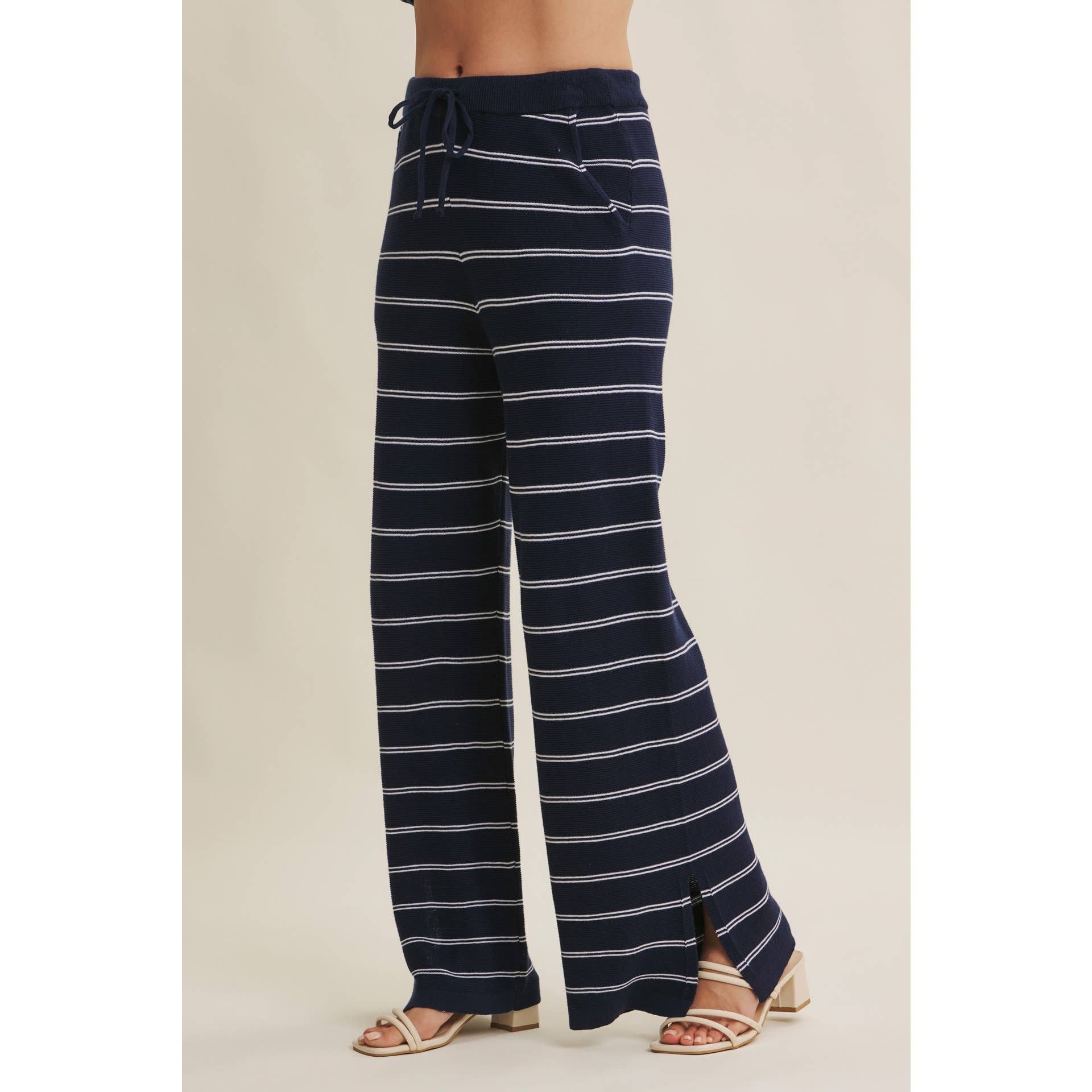 BAYSIDE LEISURE STRIPED WIDE-LEG SWEATER PANTS WITH SLITS: NAVY/CREAM / S | Stella & Grace Boutique .