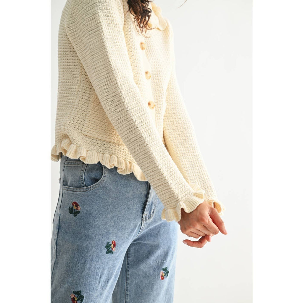 RUFFLED KNIT CARDIGAN: IVORY / S-M-L(3-2-1)