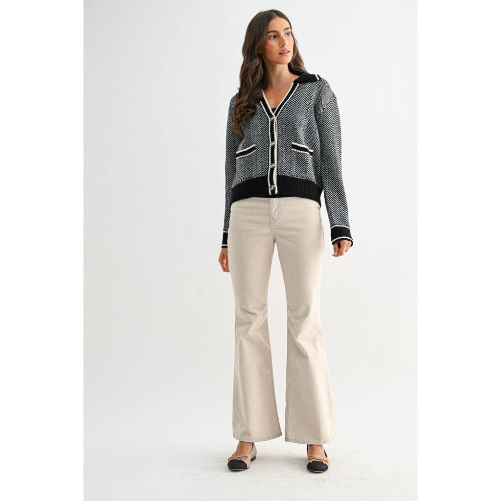 HERRINGBONE KNIT CARDIGAN IN BLACK: BLACK / S-M-L(3-2-1)