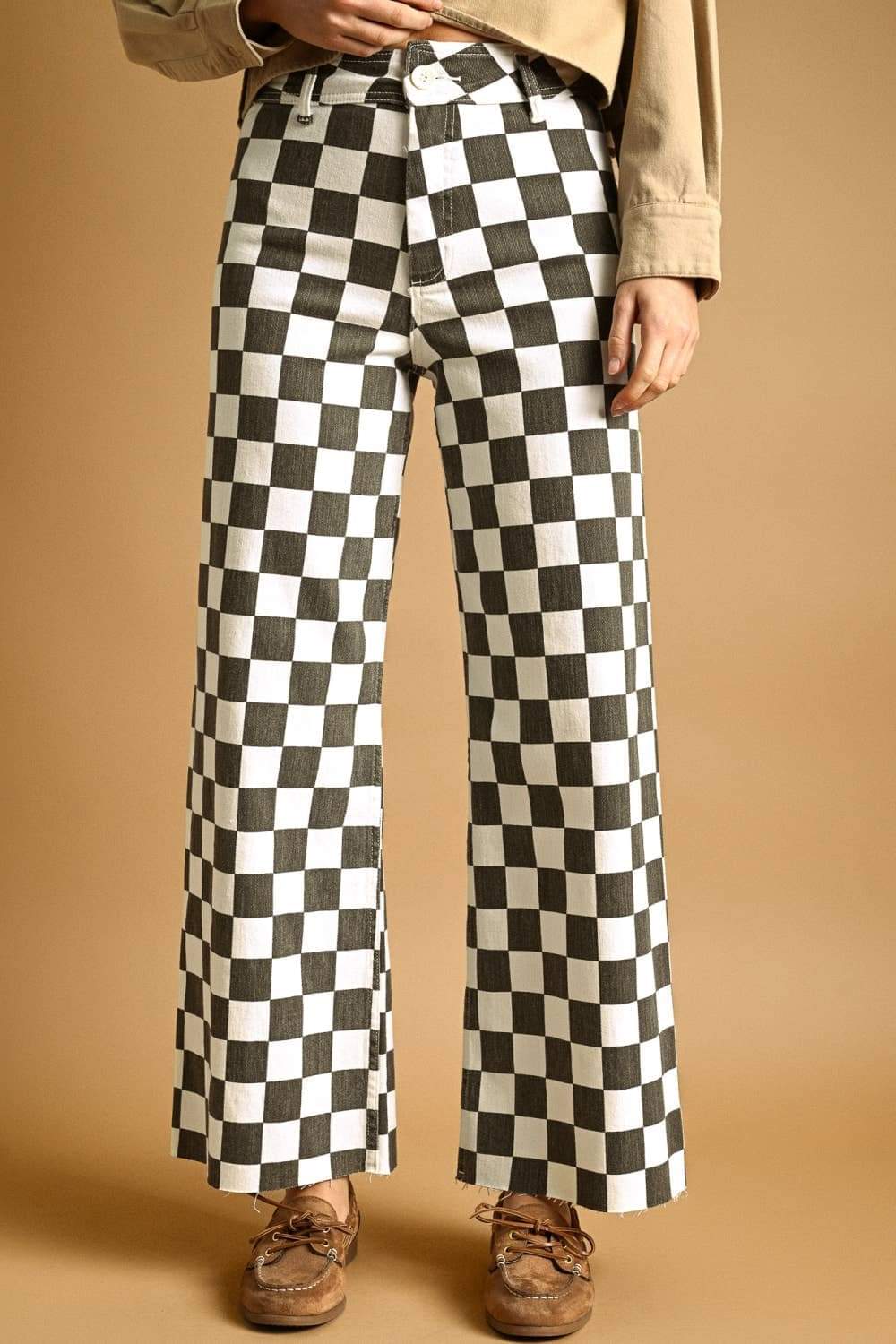 P7497 CHECKER BOARD STREATCH PANTS: CHARCOAL / S