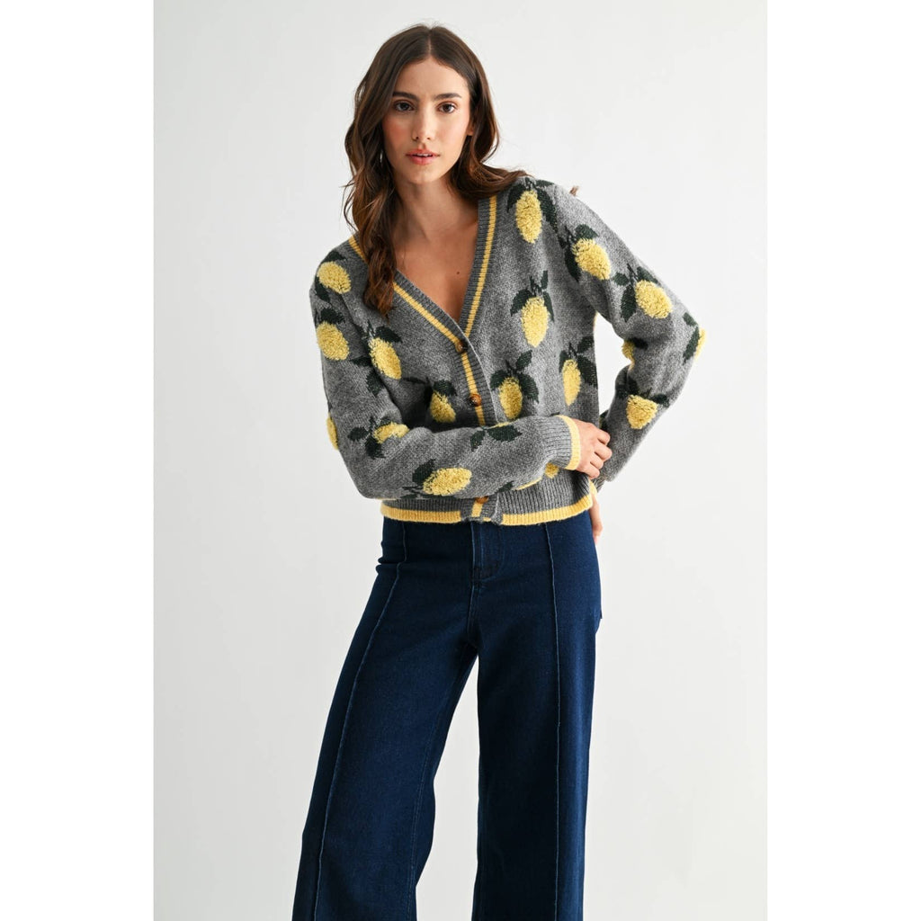 LEMON PETTERN BUTTON-UP CARDIGAN: HEATHER GREY/YELLOW MULTI / S-M-L(3-2-1)