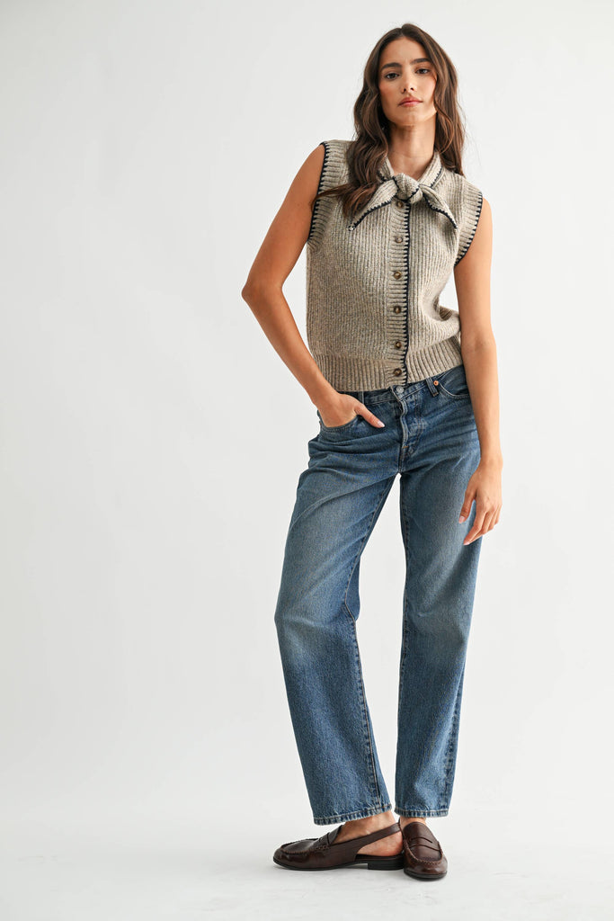 TIE NECK BUTTON FRONT SWEATER VEST - CWJ25822: OATMEAL/NAVY / S-M-L (3-2-1)