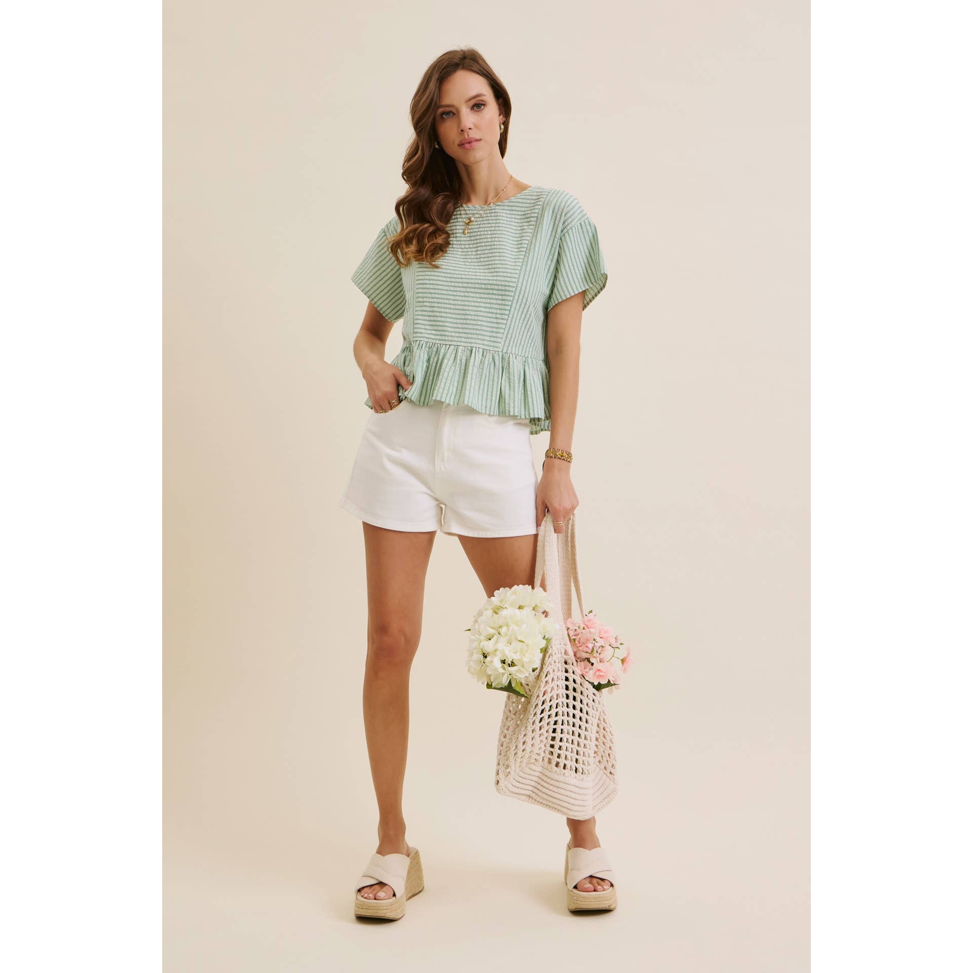 EVERYDAY VERSATILITY BABYDOLL STRIPE PEPLUM BLOUSE TOP: CLOVER GREEN / S | Stella & Grace Boutique .