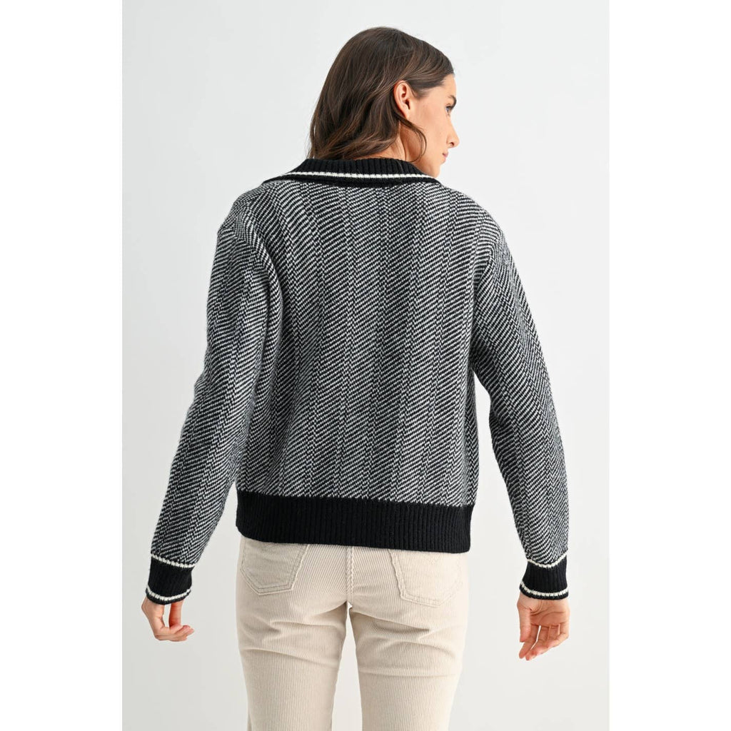 HERRINGBONE KNIT CARDIGAN IN BLACK: BLACK / S-M-L(3-2-1)