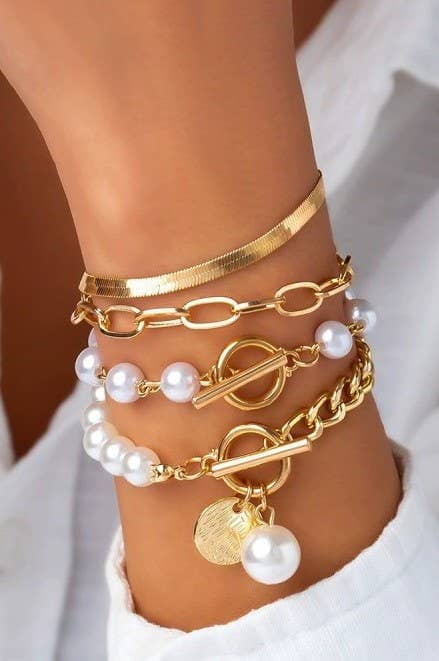 MULTILAYER PEARL CHAIN HERRINGBONE MIX BRACELET | 40B5151: GOLD