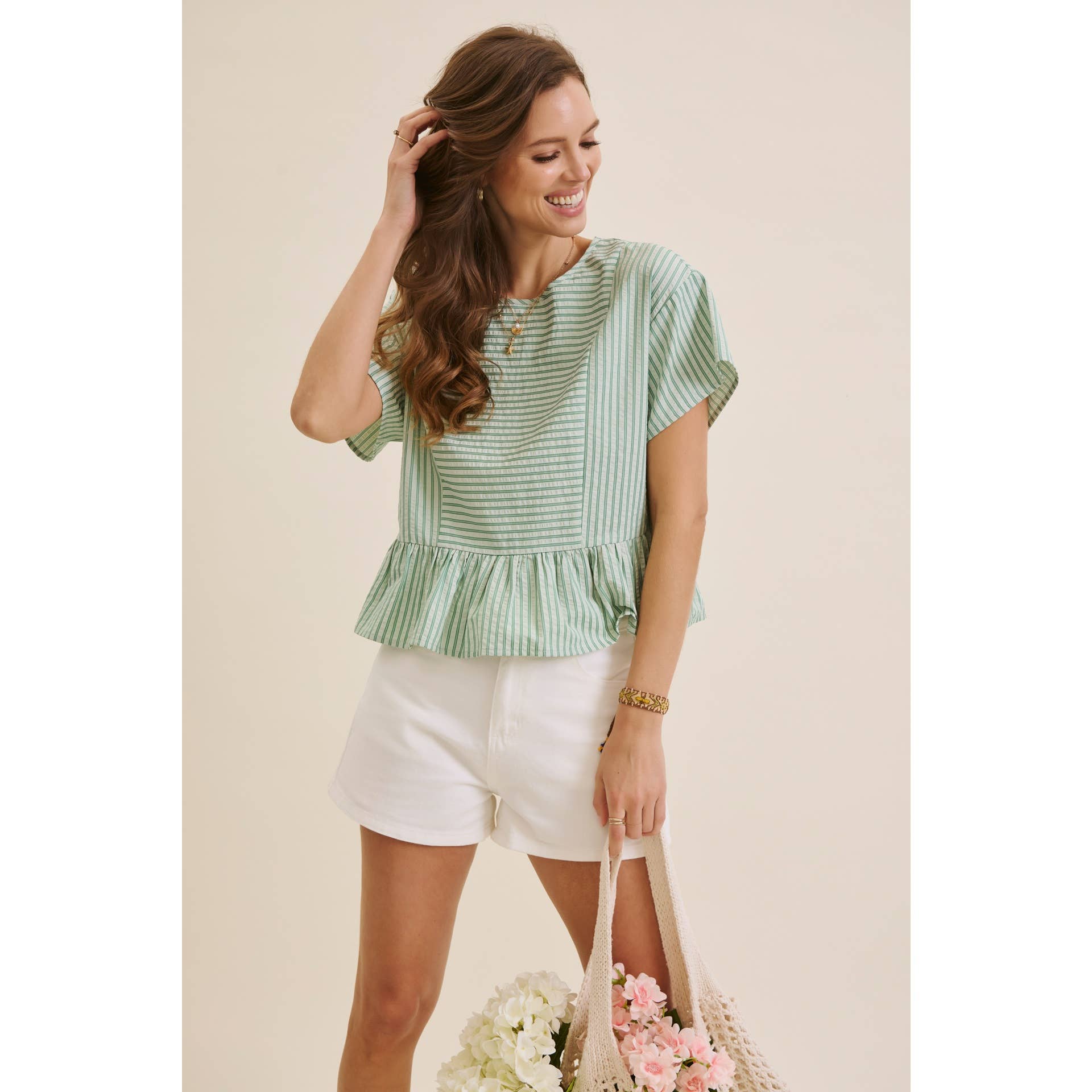 EVERYDAY VERSATILITY BABYDOLL STRIPE PEPLUM BLOUSE TOP: CLOVER GREEN / S | Stella & Grace Boutique .