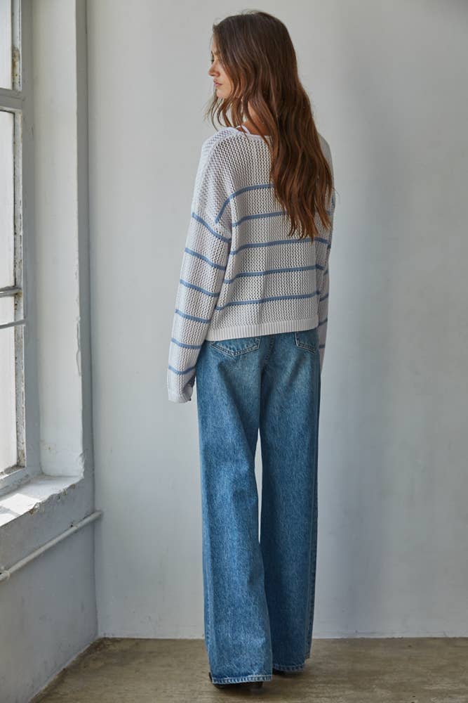 W2450 | Knit Cotton Acrylic Striped Round Neck Sweater: White Blue / S