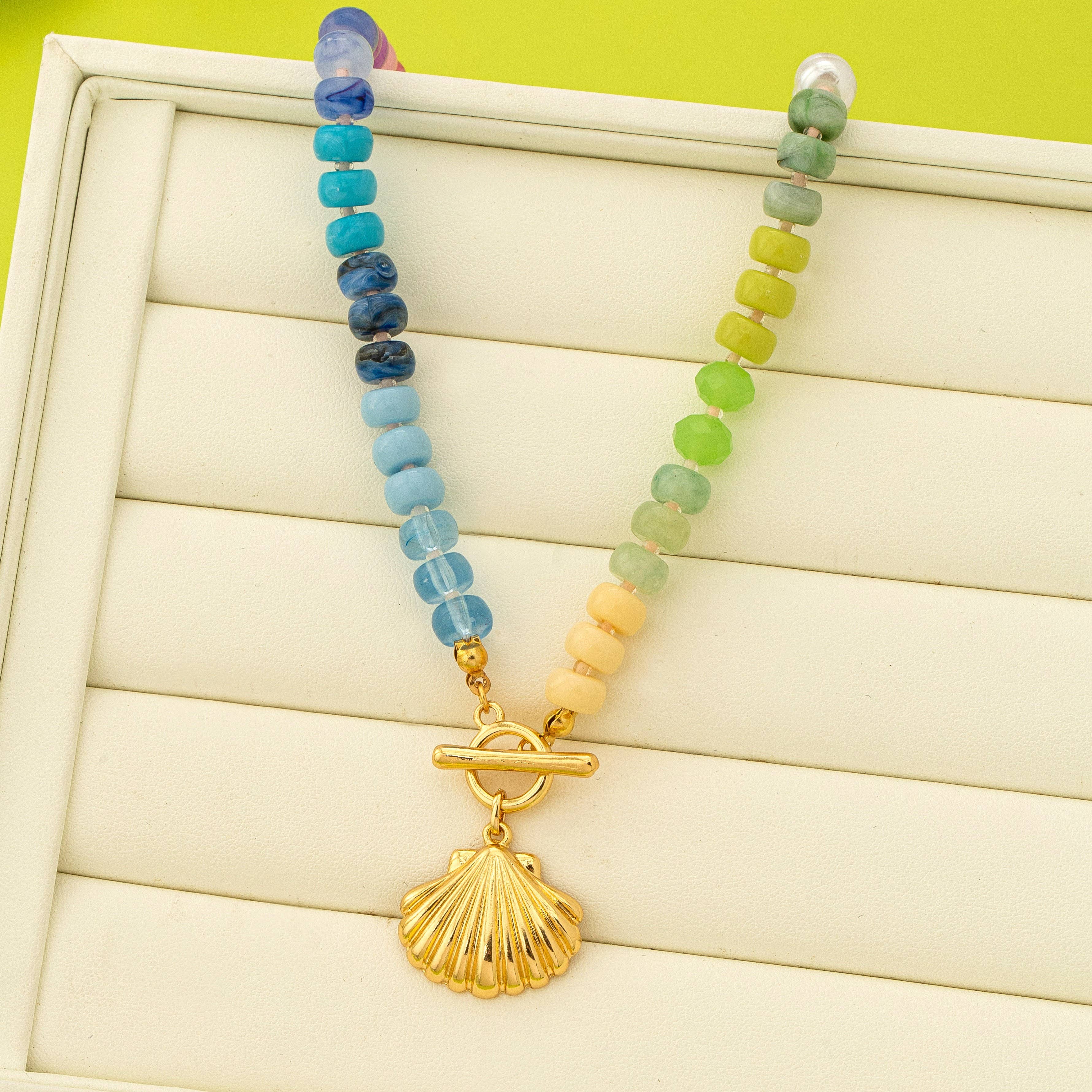 Rainbow Beaded Seashell Charm Necklace
