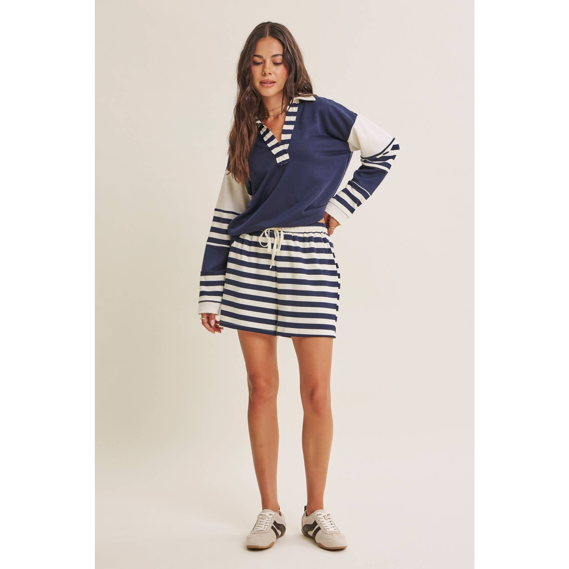 Coastal Stripe Relaxed French Terry Collared Top