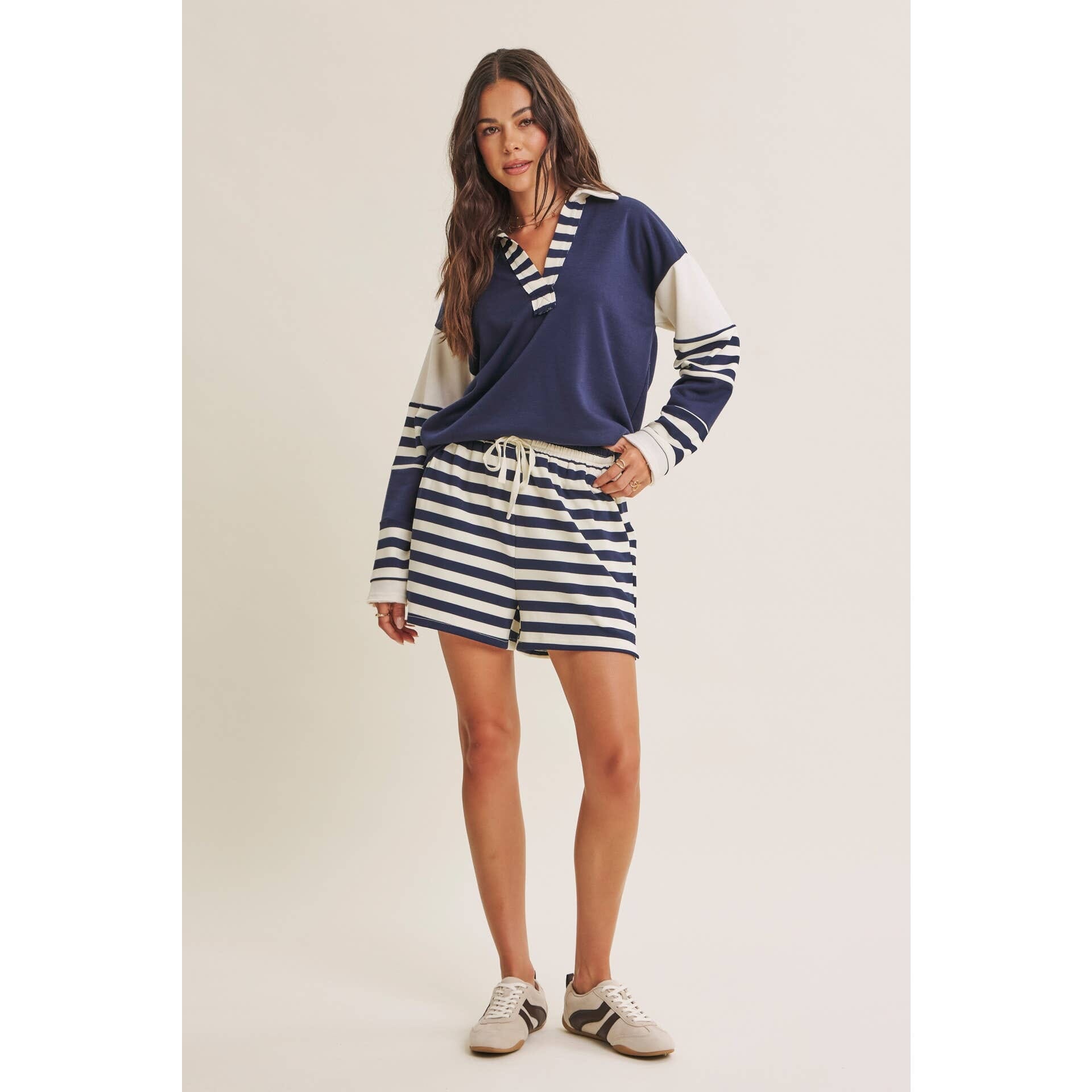 Coastal Stripe Relaxed French Terry Collared Top