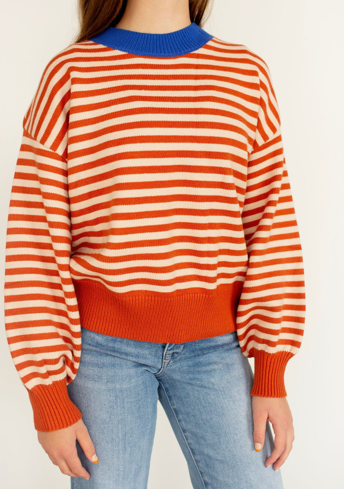 Cobalt Trim Striped Cropped Sweater – Pumpkin Orange
