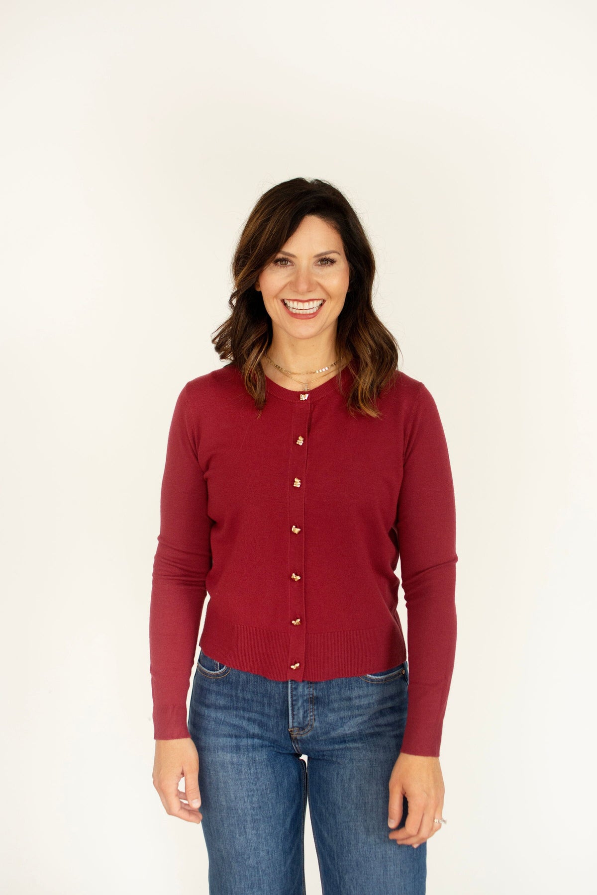 Burgundy Cardigan | Chic Gold Button Knit Cardigan
