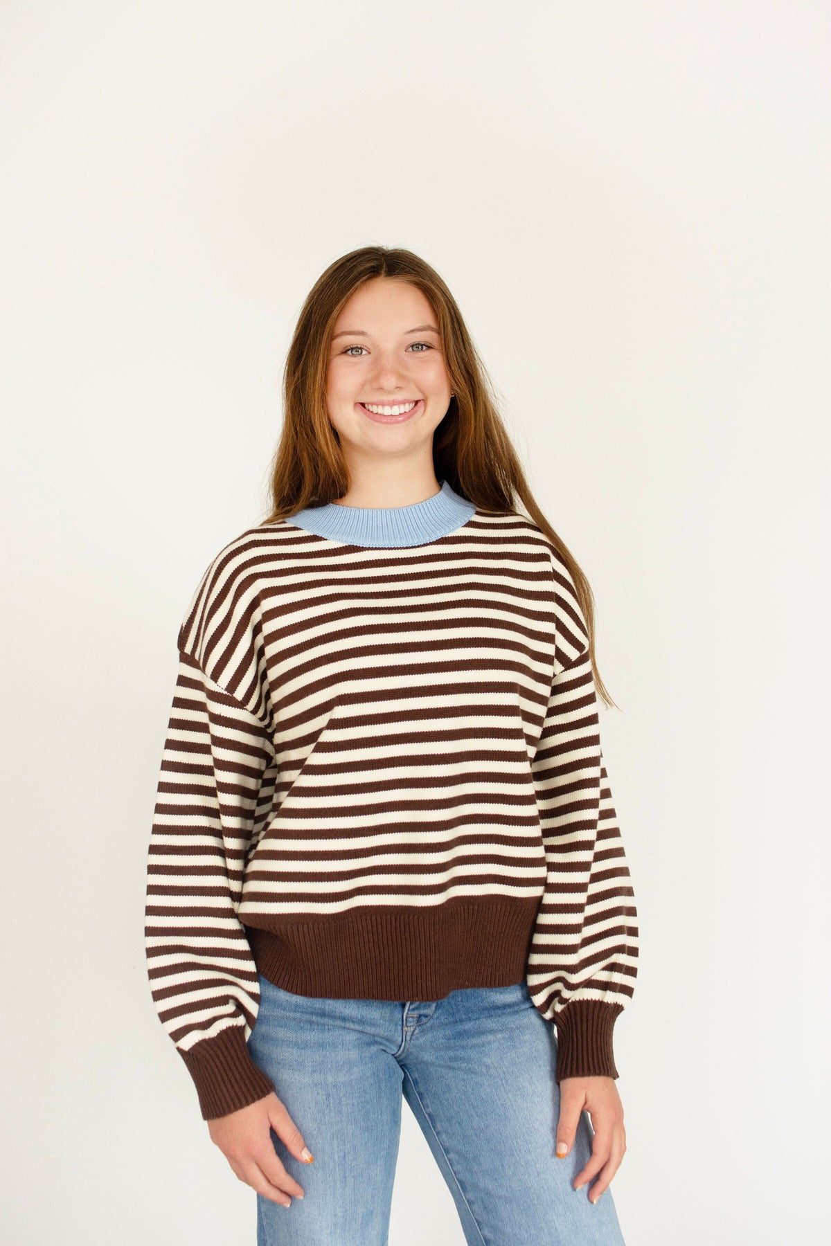 Blue Trim Chocolate Striped Cropped Relaxed Sweater