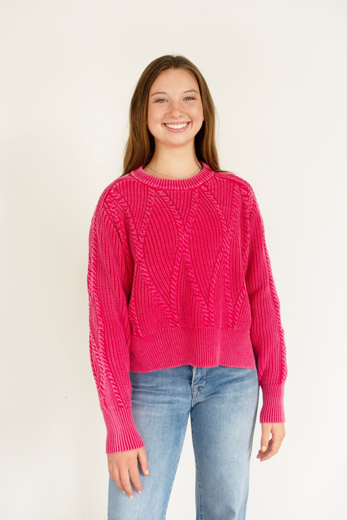 Washed Fuchsia Cropped Cable Knit Cotton Sweater