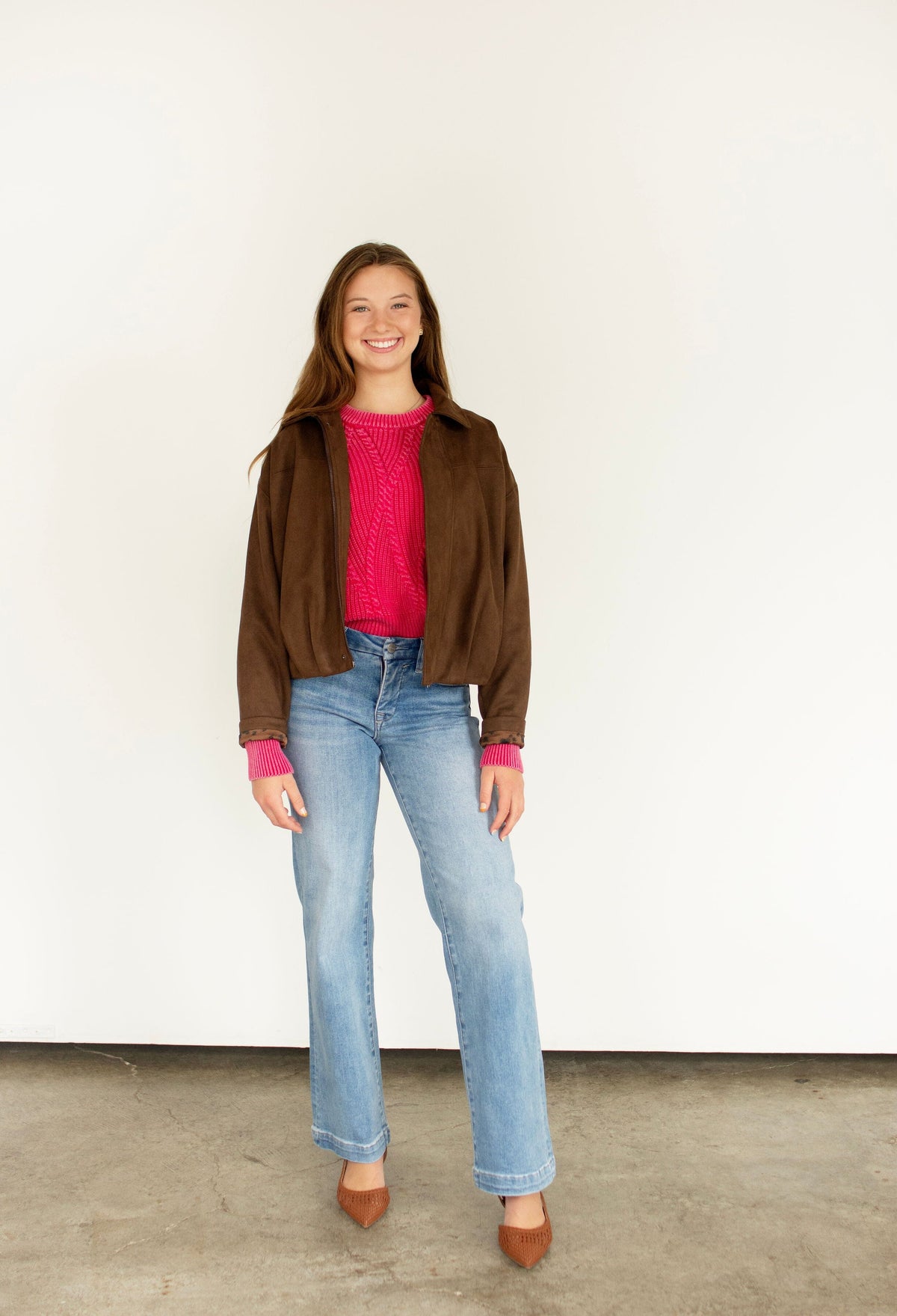 Luxe Faux Suede Gathered Hem Cropped Jacket - Dark Brown